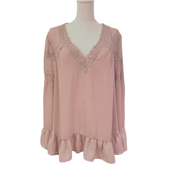 Anthropologie Entro Lace Boho Dusty Pink Deep V Neck Peasant Blouse Large - Picture 1 of 10